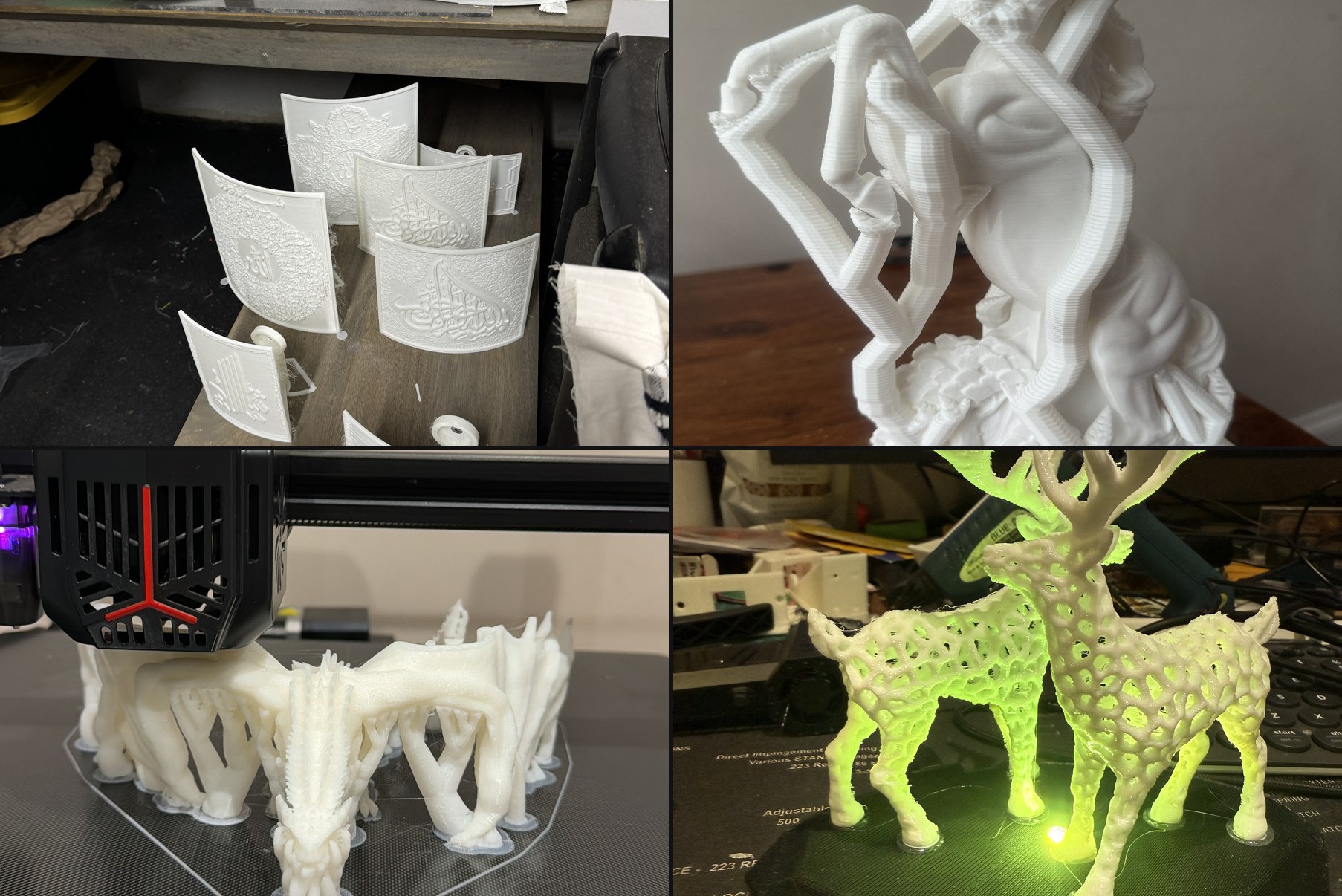 3D printed Islamic art collage — calligraphy panels, sculptures and printer at work